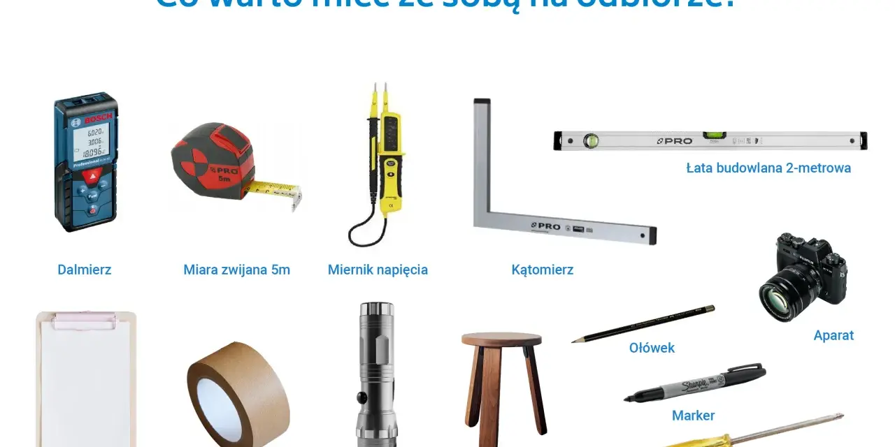 Zestaw narzędzi i akcesoriów do odbioru mieszkania: dalmierz, miara, miernik, łata, aparat, podkładka, taśma, latarka, stołek, ołówek, marker, śrubokręt.