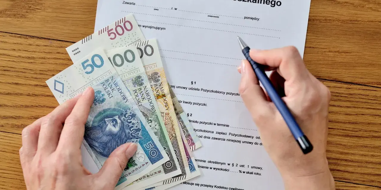 Umowa najmu i pieniądze na stole. Zastanawiasz się, jak zapłacić podatek od wynajmu mieszkania? Dokument i gotówka sugerują, że to czas na rozliczenie.