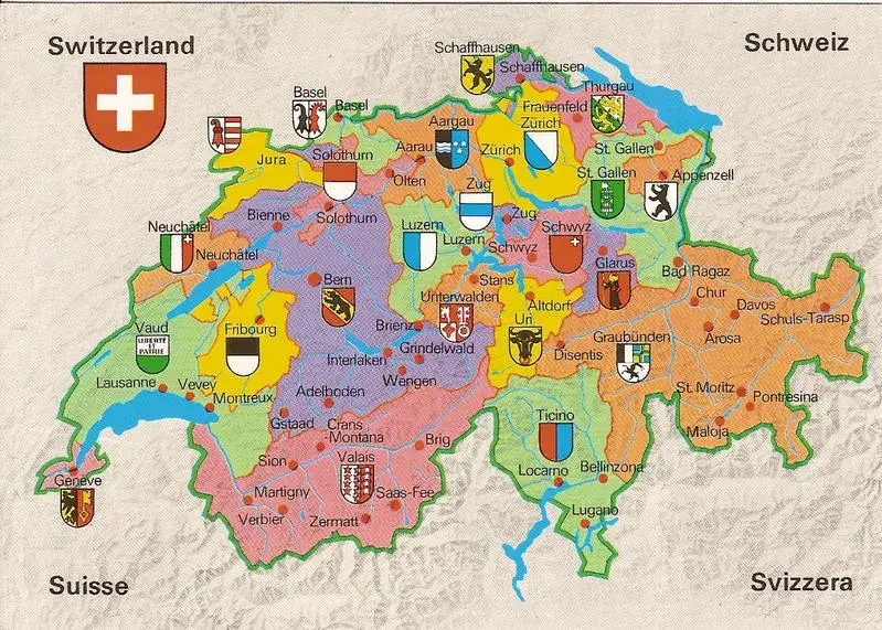 Mapa kantonów Szwajcarii z zaznaczonymi średnimi cenami wynajmu