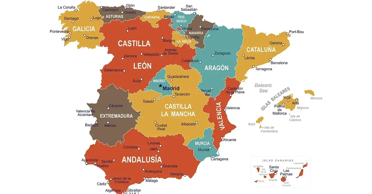 Hiszpania mapa popularne regiony nieruchomości